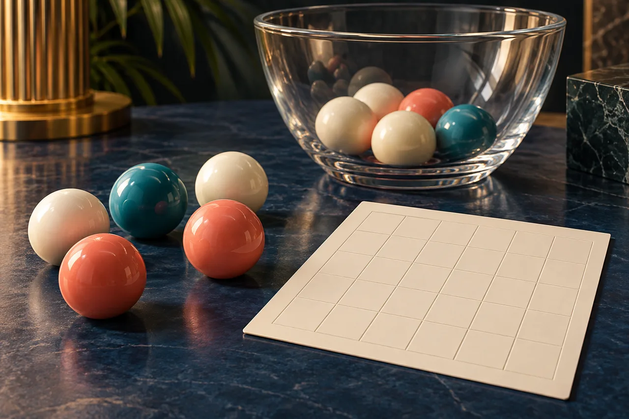 Unnumbered spheres beside a blank embossed grid; original ball-draw-format illustration.
