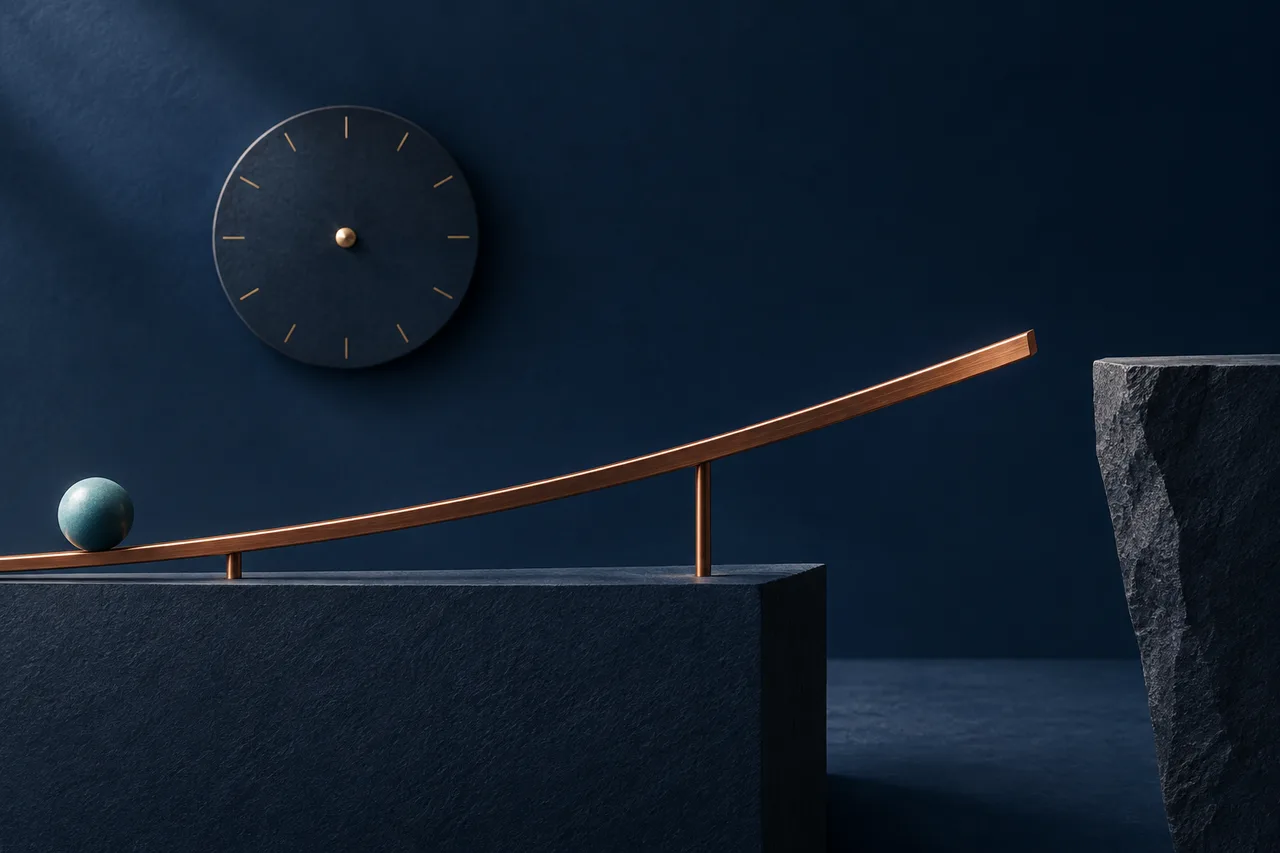 A copper curve ending at an open gap beside an unnumbered clock shape; original timing-format illustration.