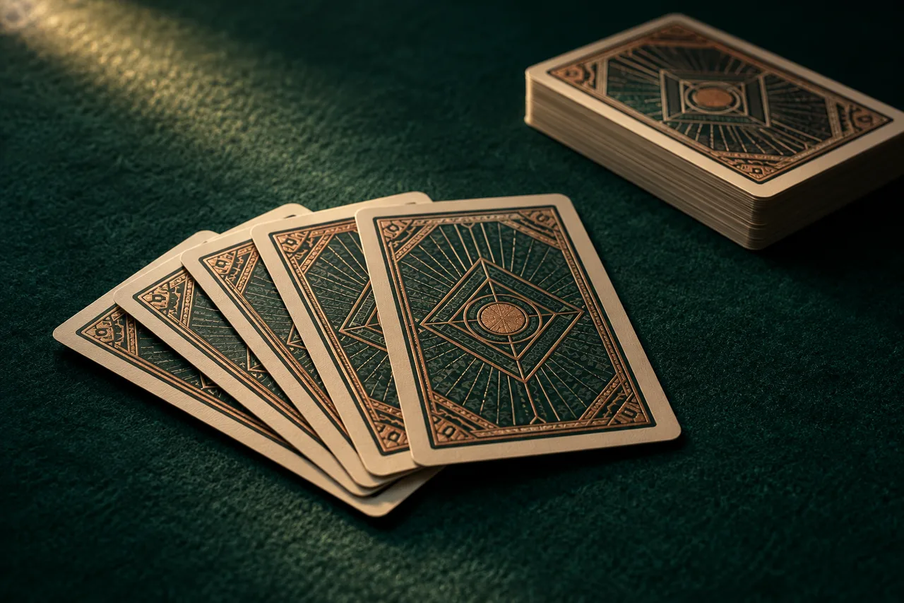 Face-down cards on green felt; original dealer-card-format illustration.