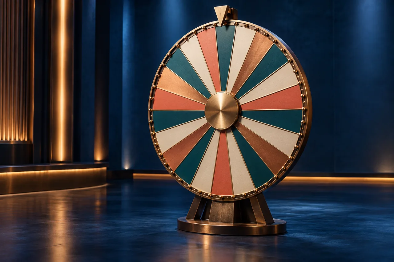 An unnumbered segmented wheel in an empty blue studio; original wheel-format illustration.