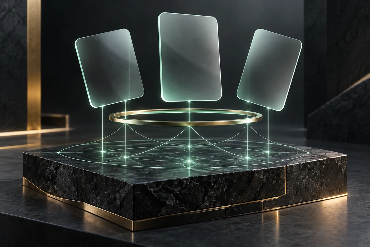 Translucent blank card panels and an unnumbered ring above a dark plinth; original RNG and hybrid format illustration.