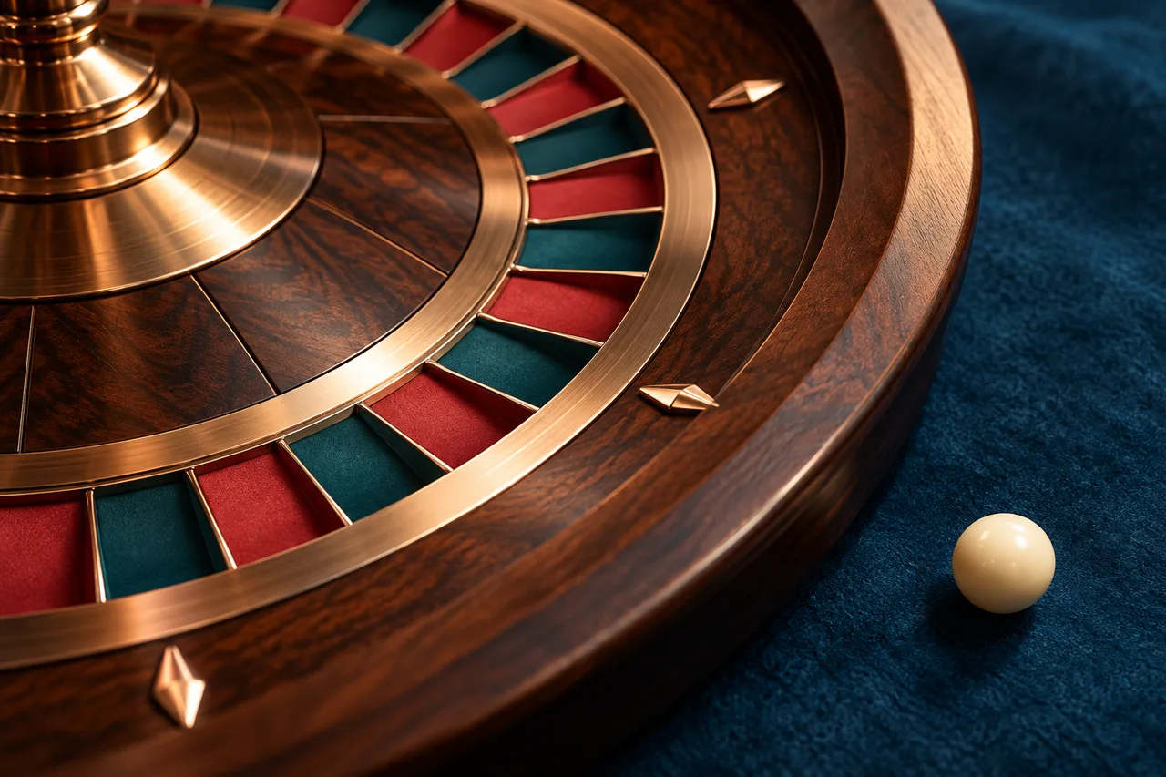 An unnumbered copper and walnut wheel beside an ivory ball; original roulette-format illustration.
